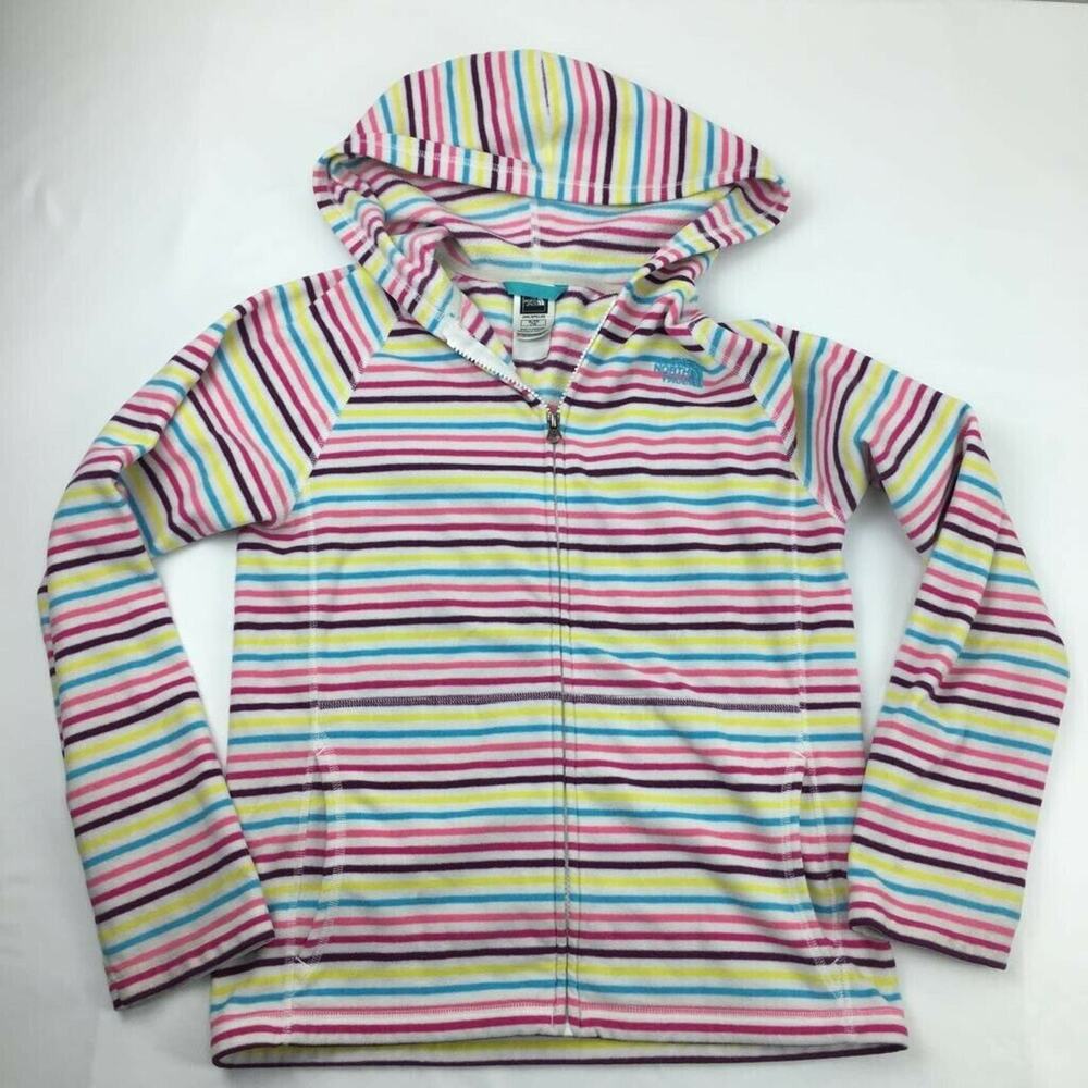 The North Face Girls Fleece Hoodie Sweashirt Pink Blue Striped Zip Pockets XL 18